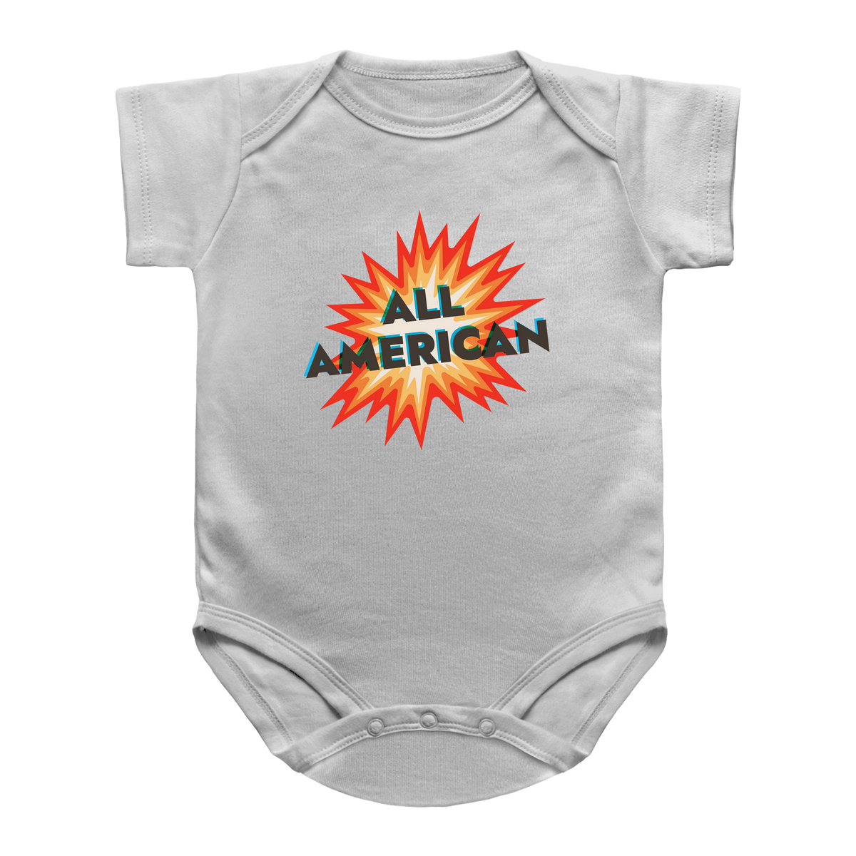 A fourth of july white short-sleeve baby bodysuit featuring a graphic print on the chest with a red, orange, and yellow firecracker design and the text &