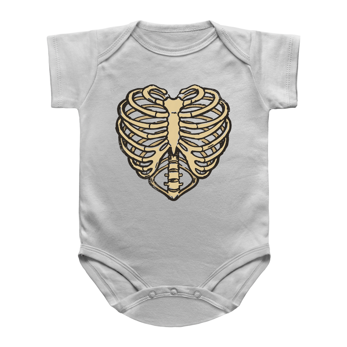 A white short-sleeve infant onesie featuring a gold-colored heart rib cage graphic on the chest, displayed against a solid white background.