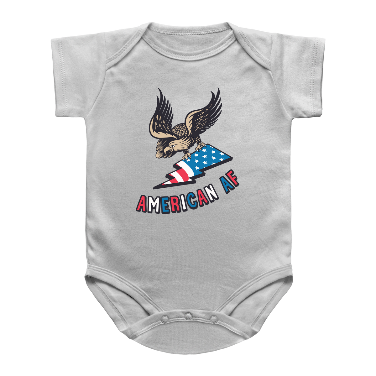 A white short-sleeve infant onesie for 4th of July featuring a graphic of an eagle holding an American flag with the text &