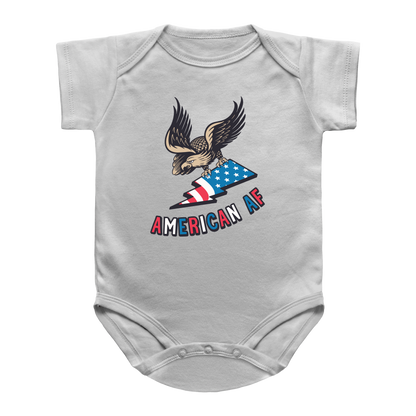 A white short-sleeve infant onesie for 4th of July featuring a graphic of an eagle holding an American flag with the text &