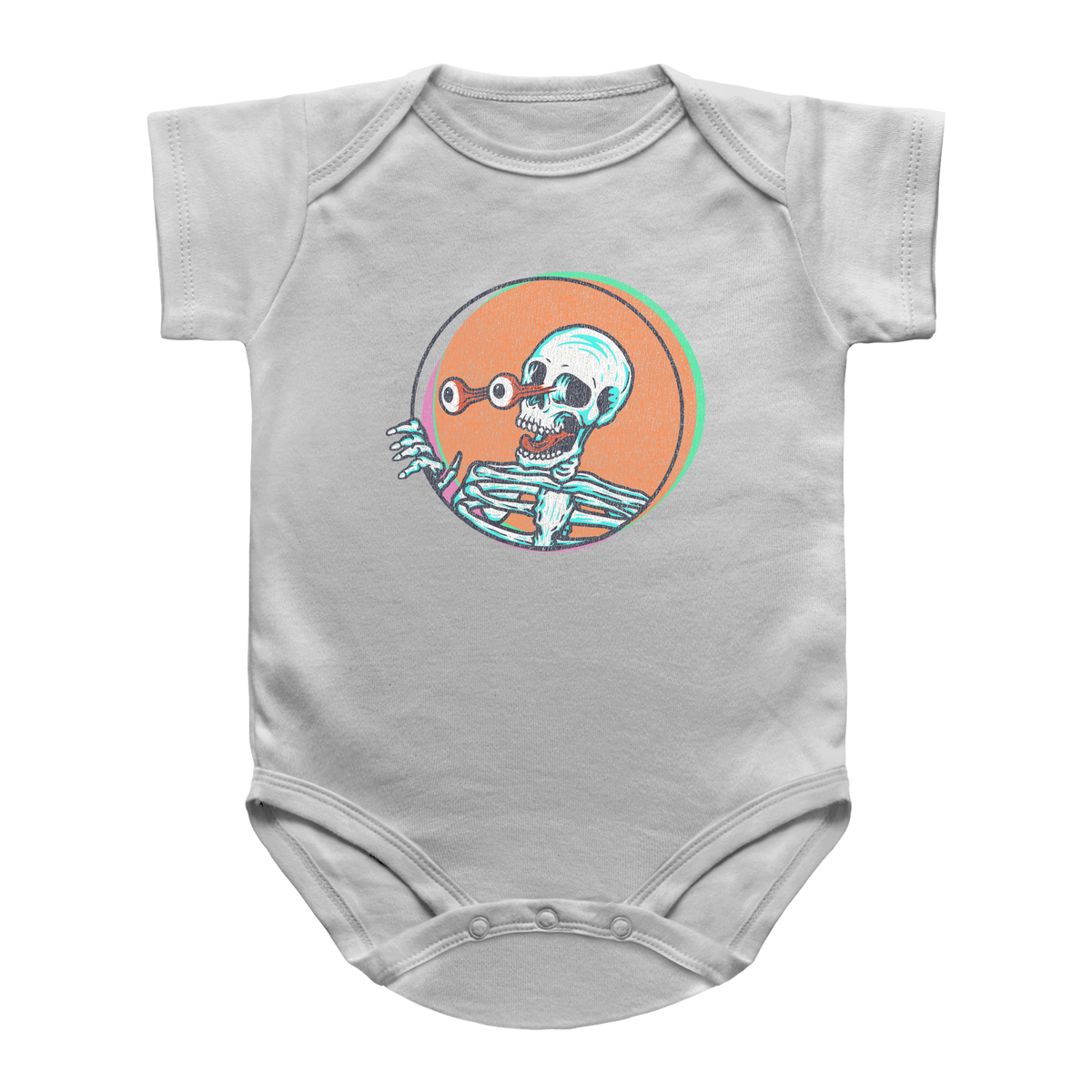 A white short-sleeve infant bodysuit featuring a Halloween skeleton graphic.