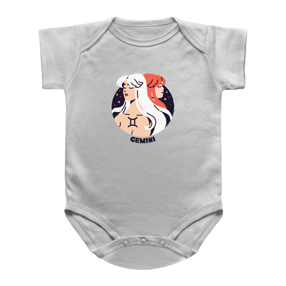 A white short-sleeve infant onesie featuring a circular Gemini zodiac graphic on the chest, displayed against a solid white background.