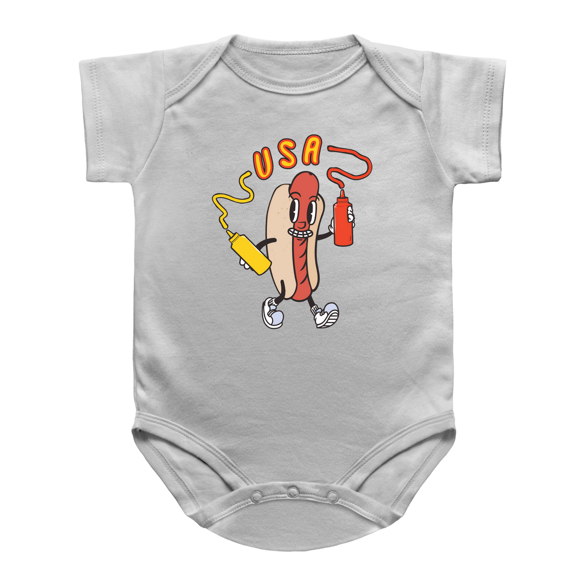 A 4th of July white short-sleeve infant onesie featuring a hot dog holding a yellow mustard bottle and a red ketchup bottle, with the word &