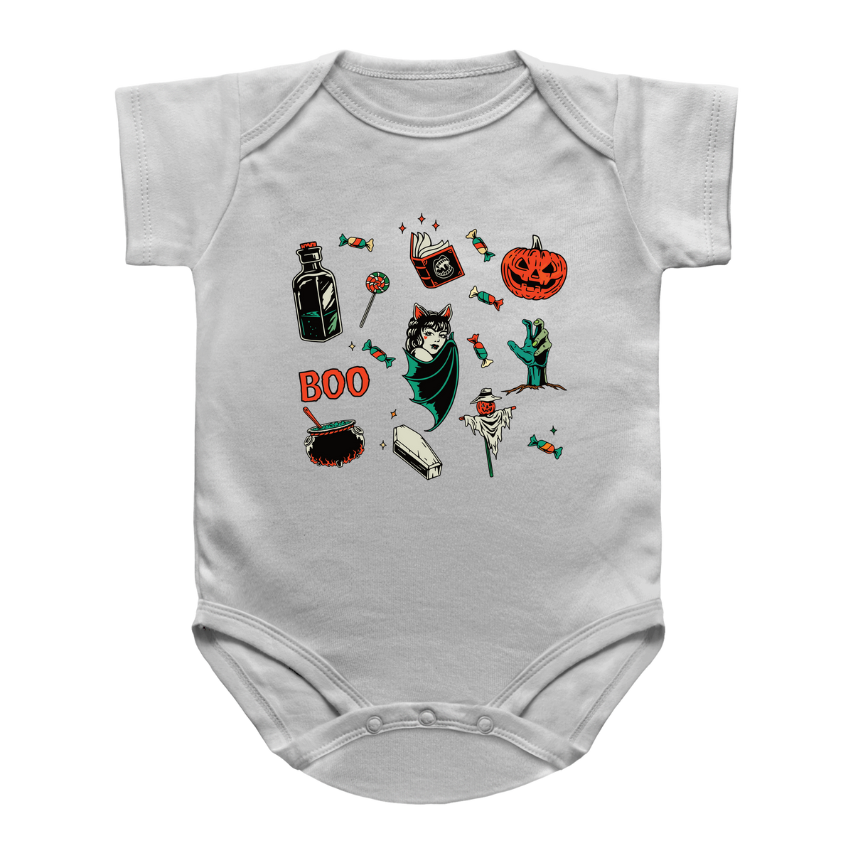 A white short-sleeve infant onesie with various Halloween-themed graphics of a jack-o&