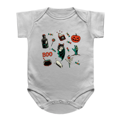 A white short-sleeve infant onesie with various Halloween-themed graphics of a jack-o&