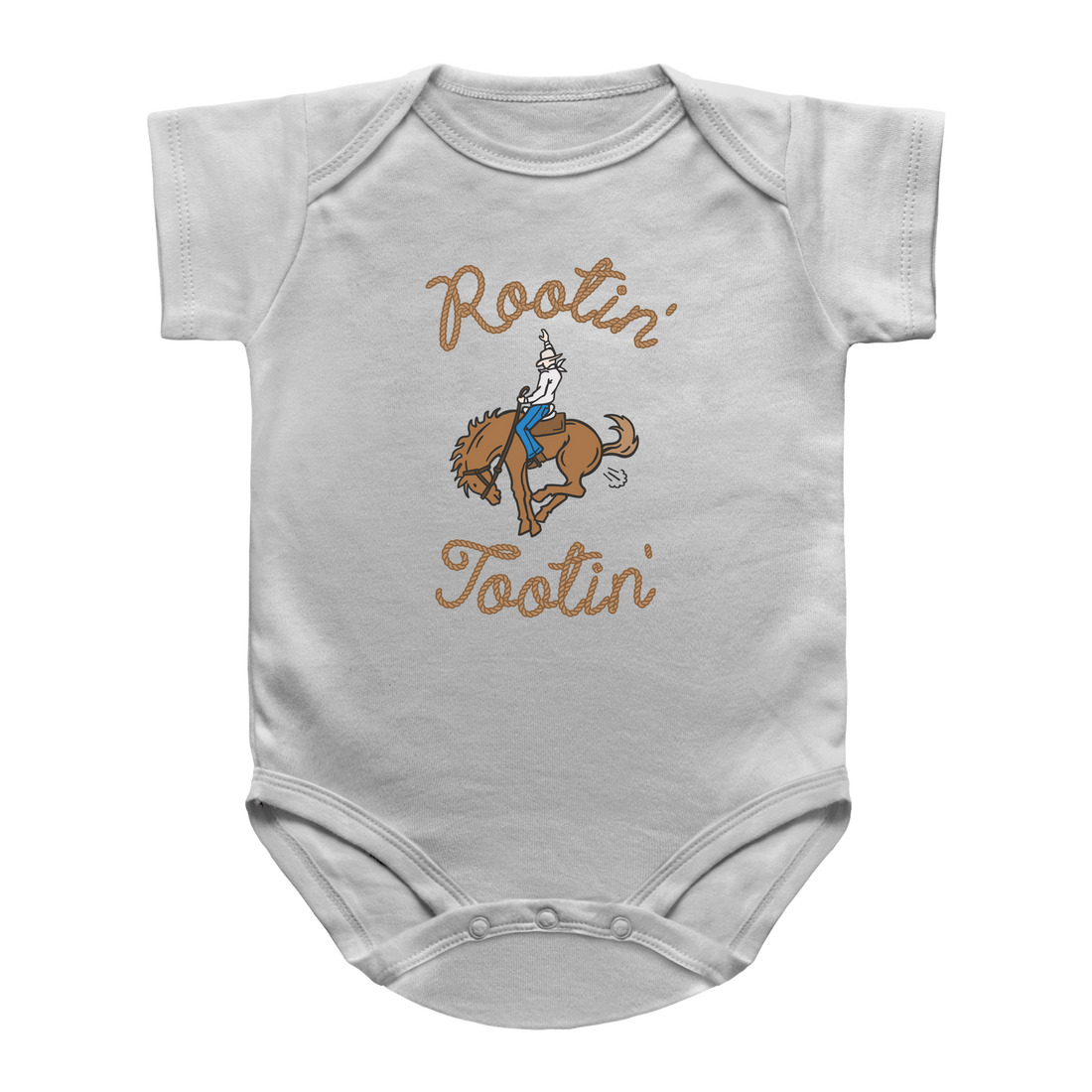 A white short-sleeve infant onesie with a graphic of a cowboy riding a bucking horse, farting and the words Rootin&