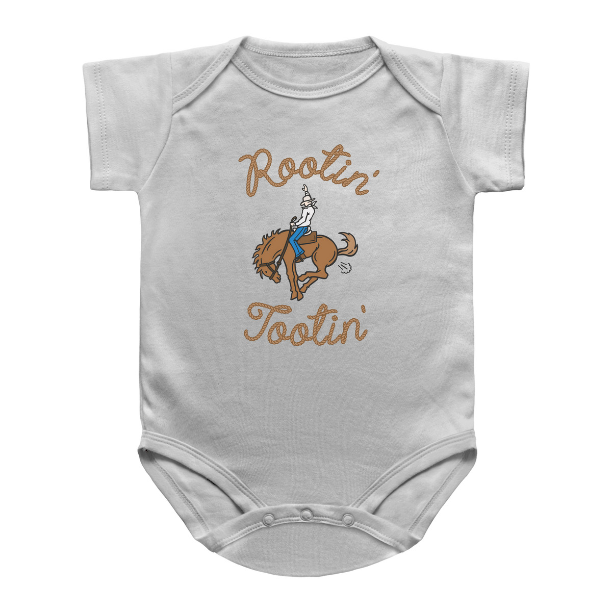 A white short-sleeve infant onesie with a graphic of a cowboy riding a bucking horse, farting and the words Rootin&