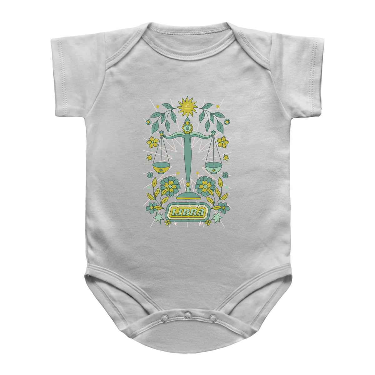 A white infant onesie featuring a tarot graphic of a scale of justice Libra surrounded by yellow flowers and green leaves, with the word &