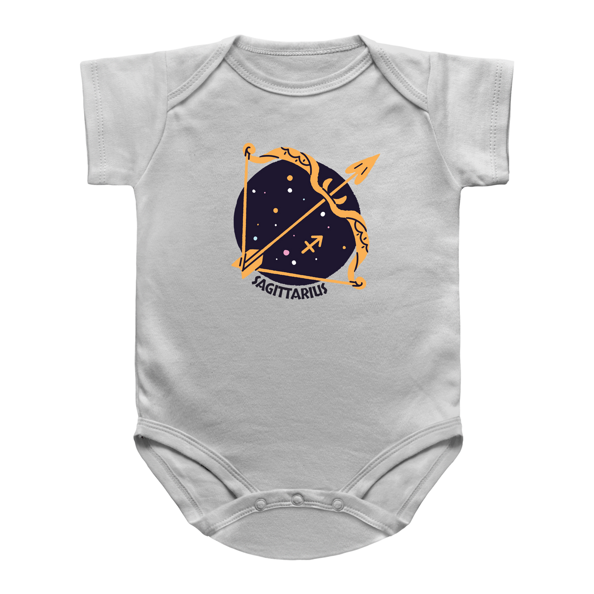 A white infant bodysuit featuring a Sagittarius zodiac graphic on the chest, displayed against a solid white background.