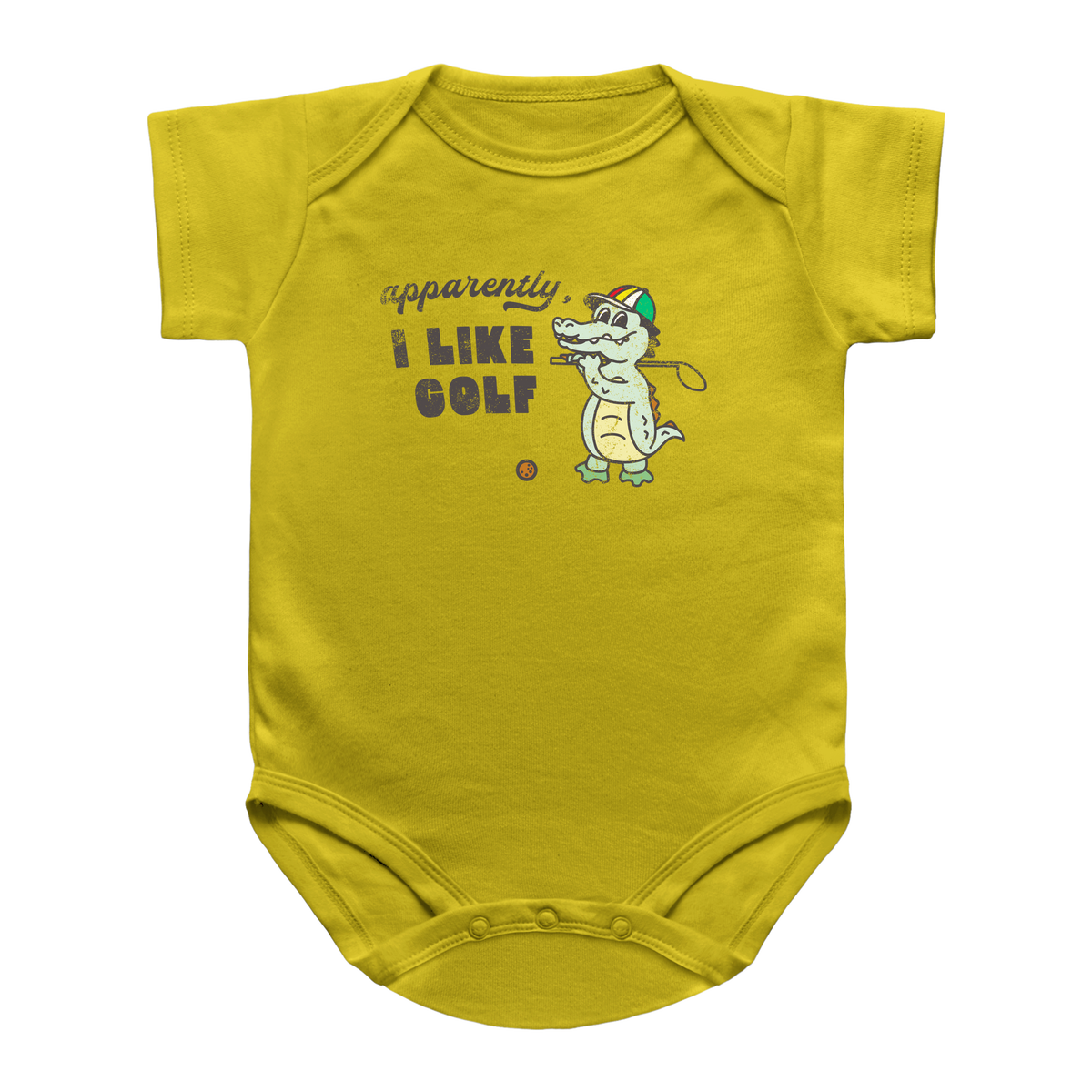 A yellow short-sleeve baby infant bodysuit with a cartoon alligator wearing a green and red golf hat, holding a golf club, next to the text &