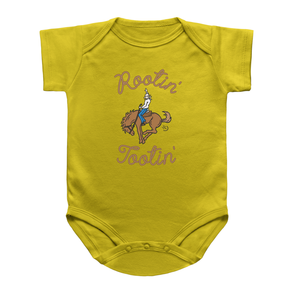 A yellow short-sleeve infant onesie with a graphic of a cowboy riding a bucking horse, farting and the words Rootin&