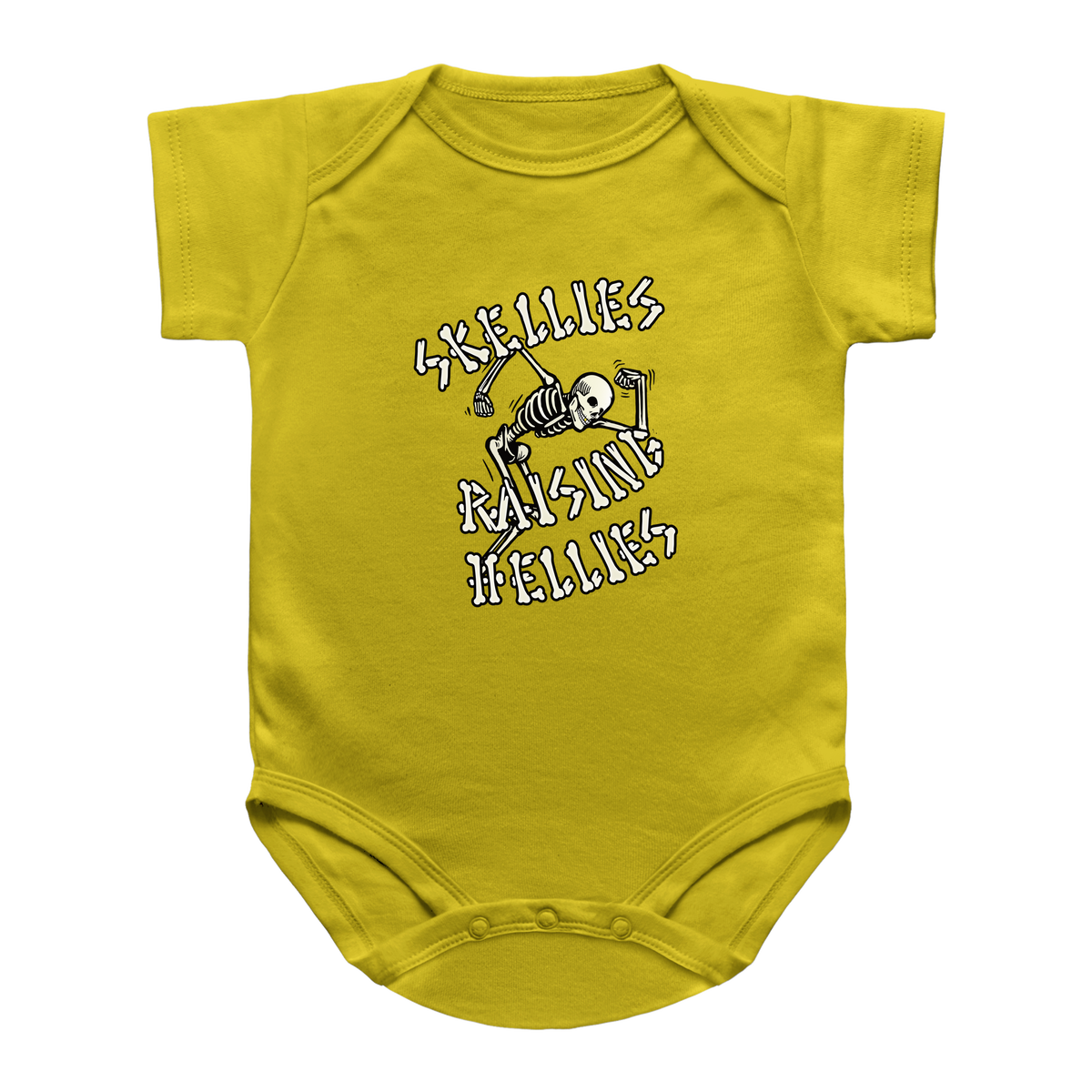 A yellow short-sleeve infant onesie with a graphic print on the chest featuring a skeleton and the text &