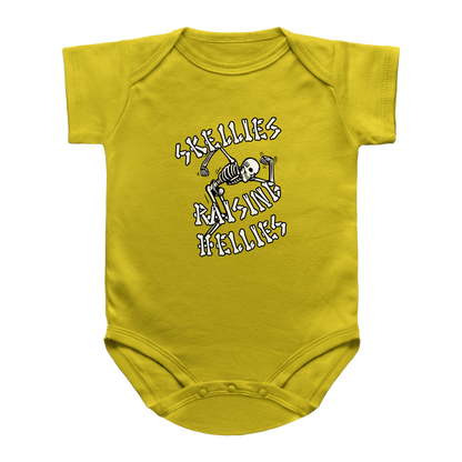 A yellow short-sleeve infant onesie with a graphic print on the chest featuring a skeleton and the text &