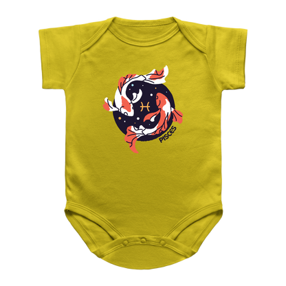 A yellow short-sleeve infant bodysuit with a Pisces zodiac graphic on the chest, featuring two koi fish in a circular design with stars and the word &
