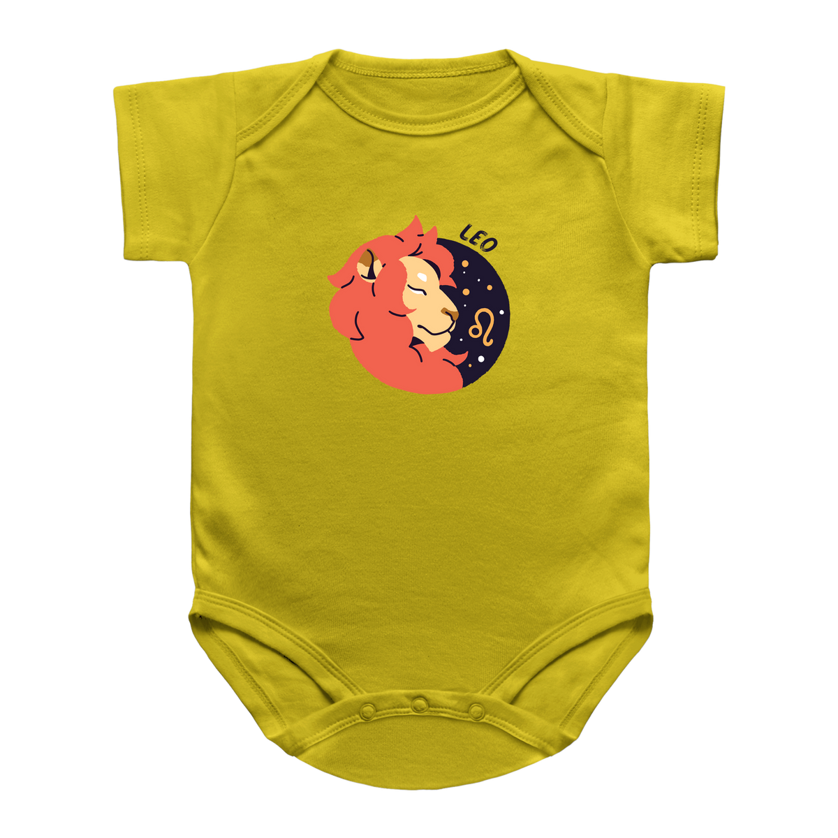 A yellow short-sleeve infant onesie with a central graphic of a Leo zodiac sign illustration, featuring a red-orange lion face and tail against a dark blue crescent moon with gold stars and the word &