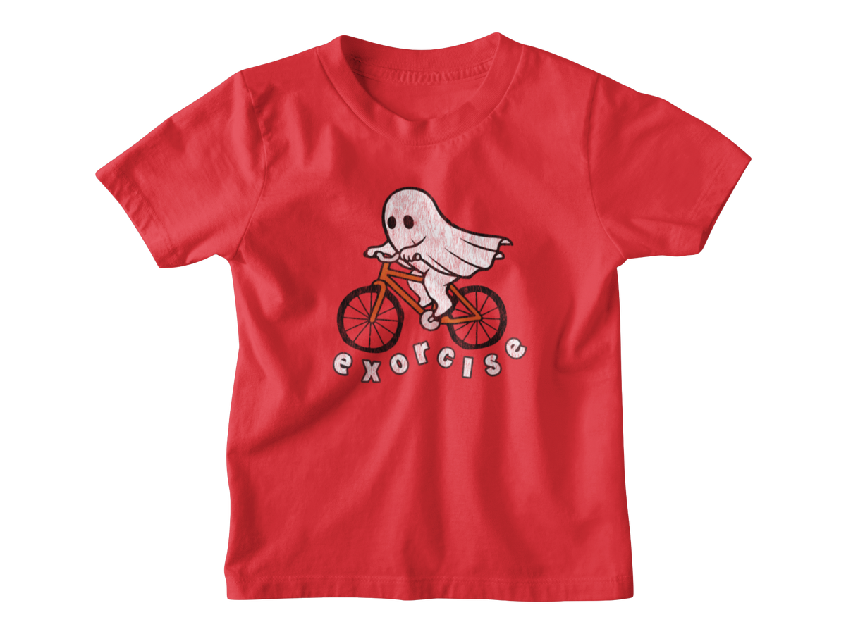 A red short-sleeve kids t-shirt Halloween graphic of a white ghost riding an orange bicycle, with the word &