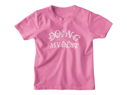 A pink kids short-sleeve crewneck t-shirt with a white graphic text print reading &