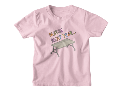A pink short-sleeve kids t-shirt with a graphic print on the front that reads &