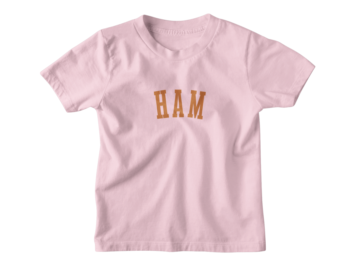 A pink kids short sleeve t-shirt featuring the word &