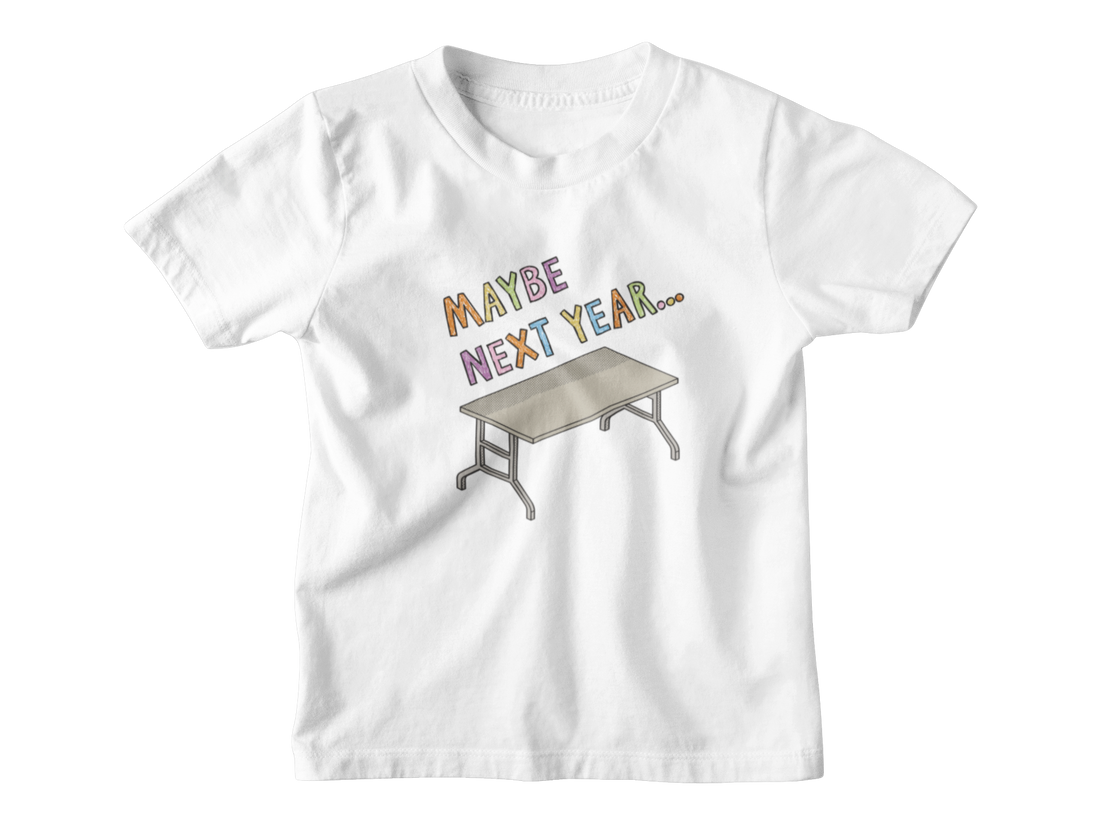 A white short-sleeve t-shirt with a graphic print on the front that reads &