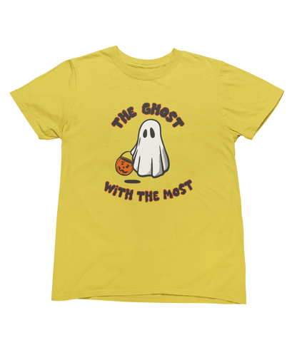 A yellow short-sleeve crewneck toddler t-shirt featuring a cartoon graphic of a white Halloween ghost with a pumpkin bucket, and the text &