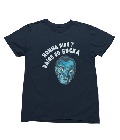 A dark blue short-sleeve crewneck toddler t-shirt featuring a graphic of a Halloween vampire saying &