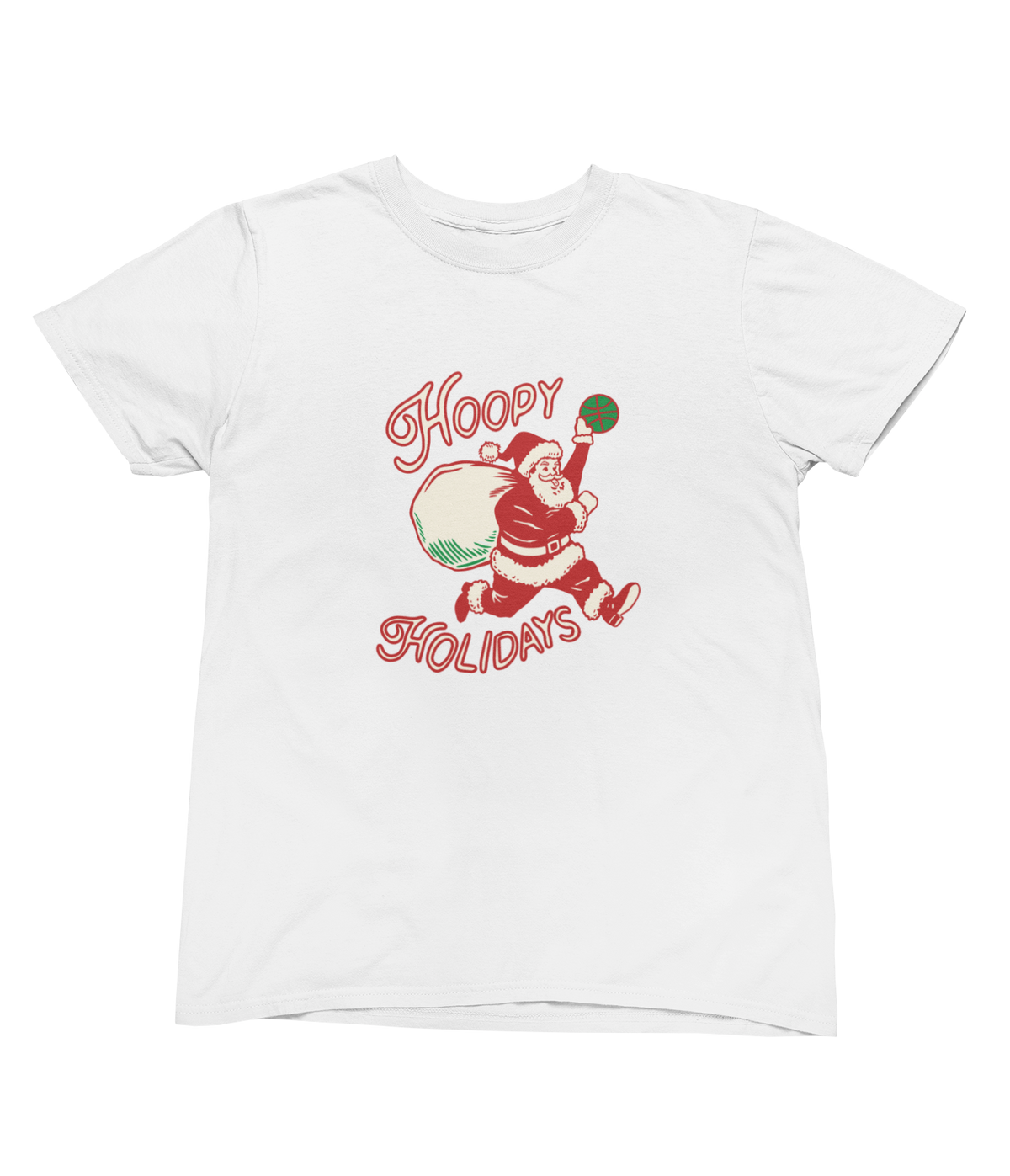 A white toddler short-sleeve Christmas tee featuring a graphic of Santa Claus carrying a sack of gifts dunking a basketball, with the words &